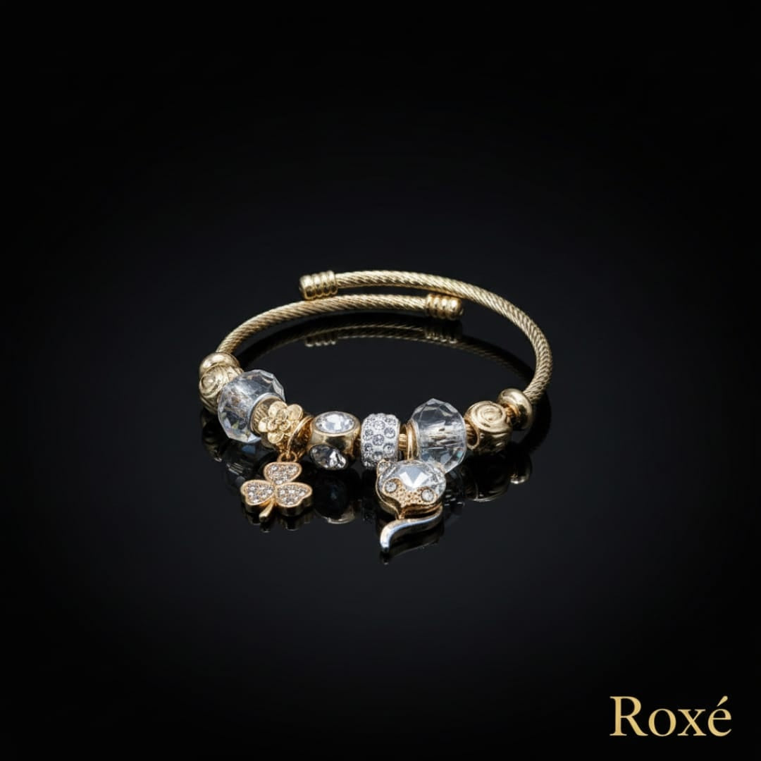 Bratara ROXE aurie cu pisicuta si trifoi charmuri elegante dama cadou stil modern