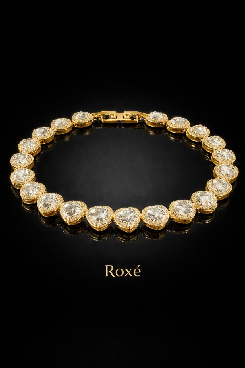 Bratara ROXE aurie eleganta cu inimioare din cristale stralucitoare, design romantic premium, 20 cm