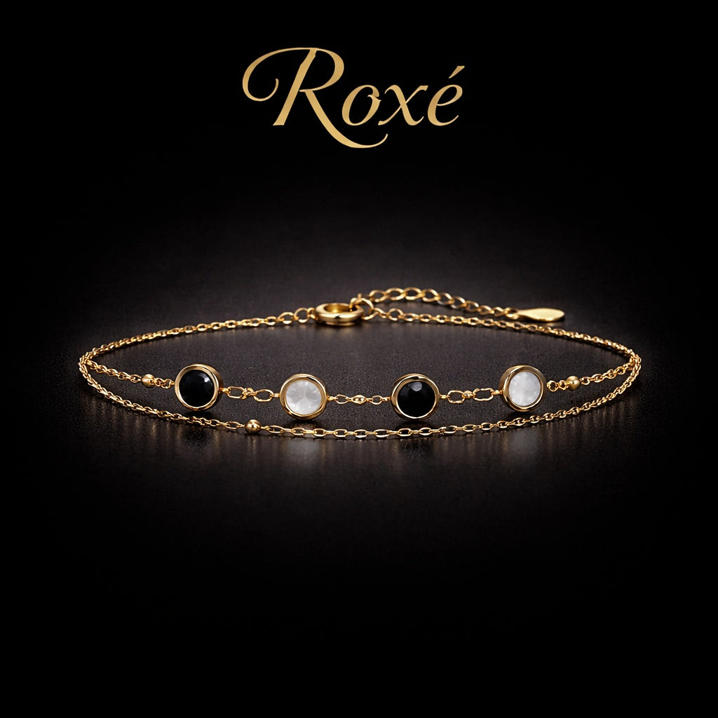 Bratara ROXE aurie lant dublu cu pietre negre si albe design elegant reglabila