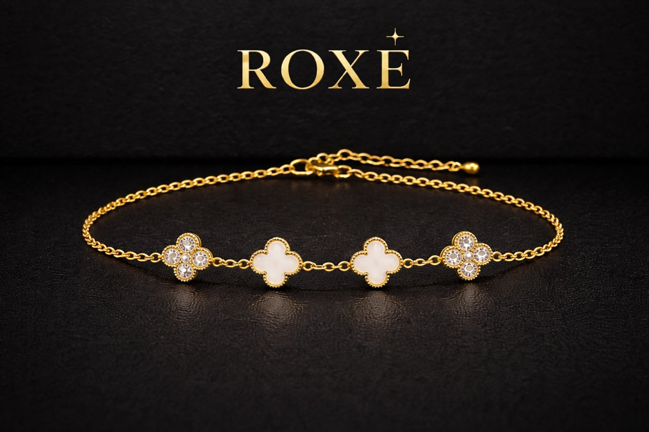 Brățară Roxé cu trifoi – model elegant cu 2 elemente albe și 2 cu strasuri