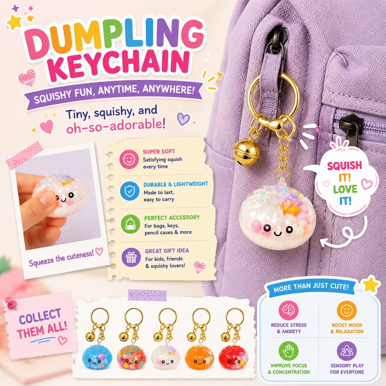 Breloc Dumpling Kawaii pentru Chei și Ghiozdan, Model Colorat, Aleatoriu