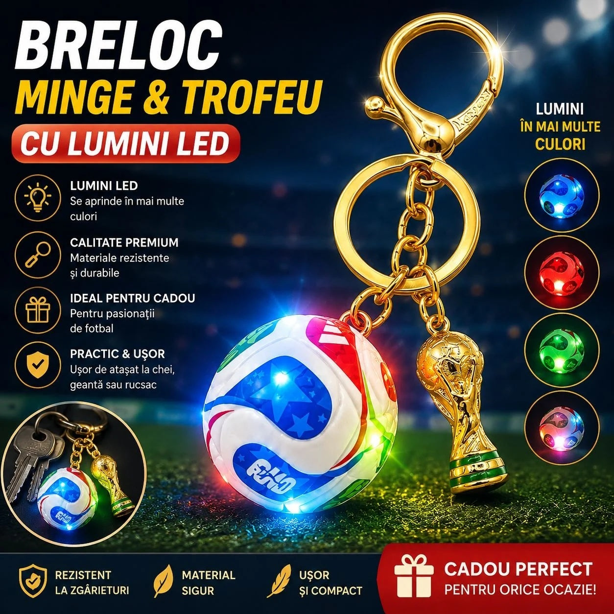 Breloc Minge de Fotbal cu Lumini LED Multicolore și Trofeu, Baterii Incluse, Accesoriu pentru Chei