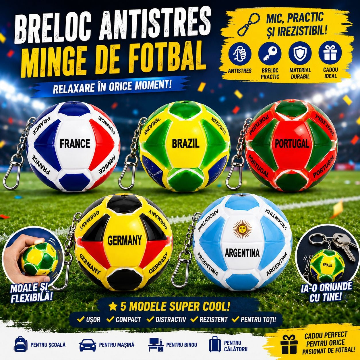 Breloc Minge de Fotbal, Model Aleatoriu, pentru Chei, Ghiozdan și Geantă