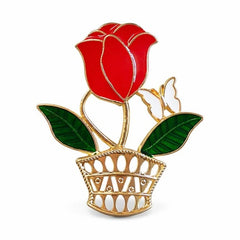 Brosa Martisor Buchet Trandafir Rosu Cos Auriu Fluture 4x4cm Elegant