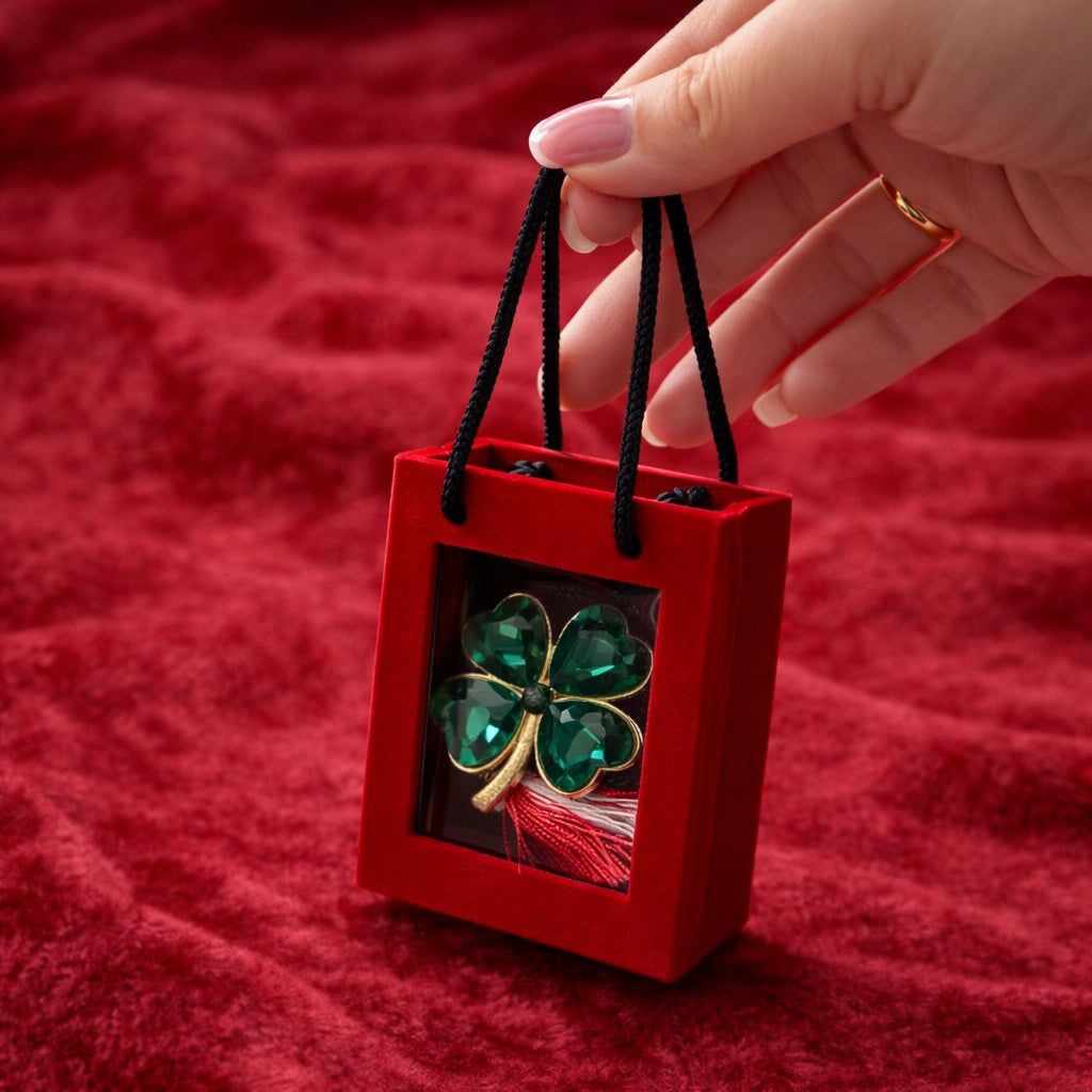 Brosa Trifoi Verde Martisor cu Cristale si Detalii Aurii in Cutie Eleganta