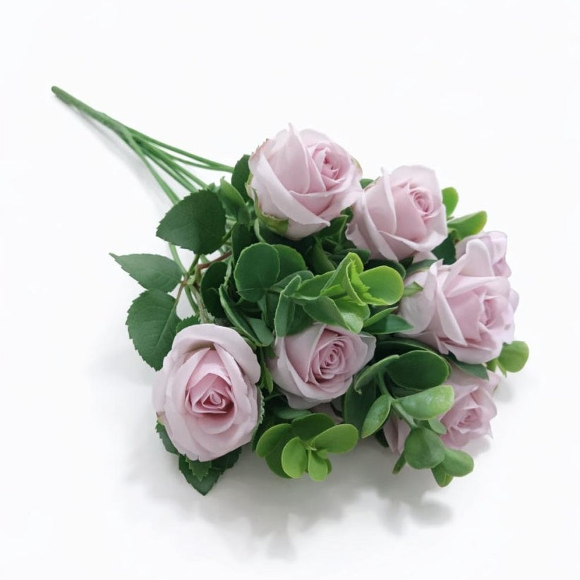 Buchet 11 trandafiri artificiali lila delicat, frunze si eucalipt decorativ, 30cm