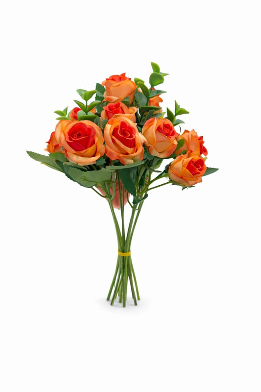 Buchet 11 trandafiri artificiali portocaliu, frunze si eucalipt decorativ, 30cm