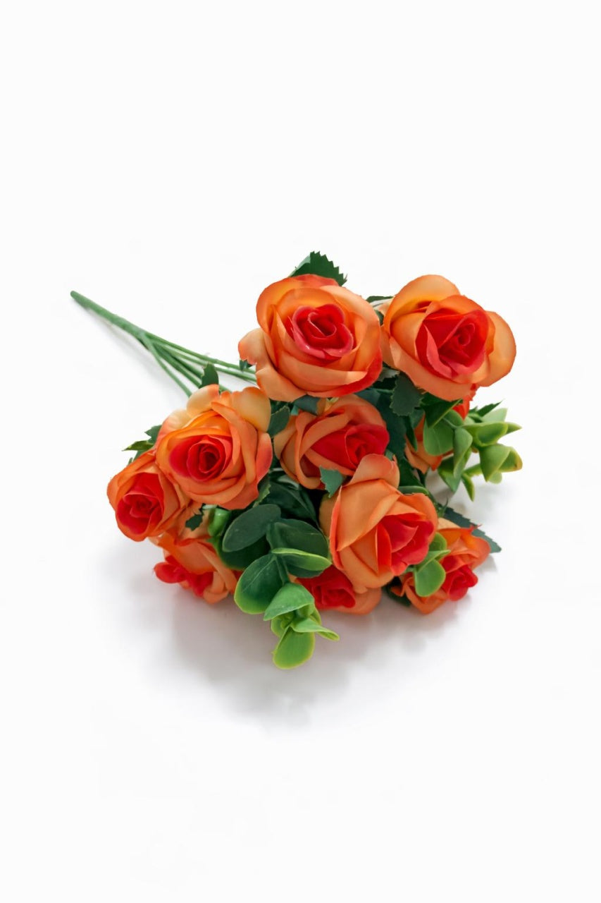 Buchet 11 trandafiri artificiali portocaliu, frunze si eucalipt decorativ, 30cm