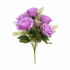 Buchet 5 trandafiri artificiali lila cu frunze si boboci decorativi 30cm