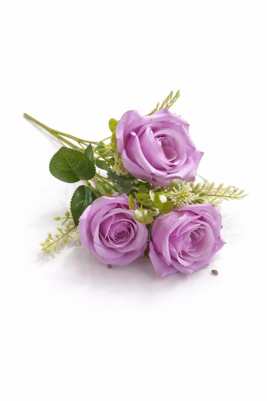 Buchet 5 trandafiri artificiali lila cu frunze si boboci decorativi 30cm