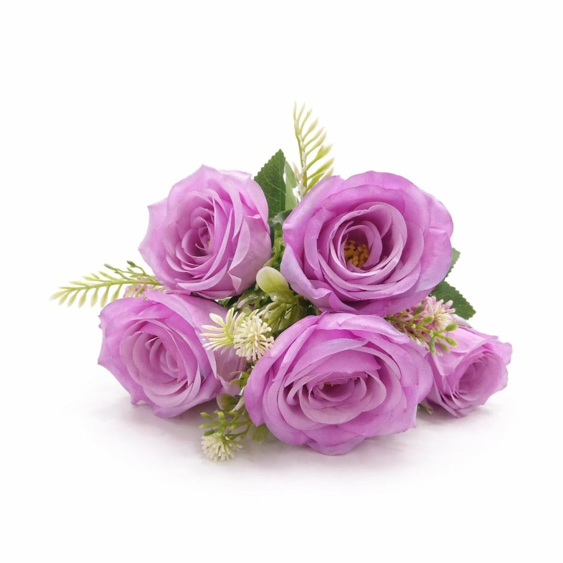 Buchet 5 trandafiri artificiali lila cu frunze si boboci decorativi 30cm