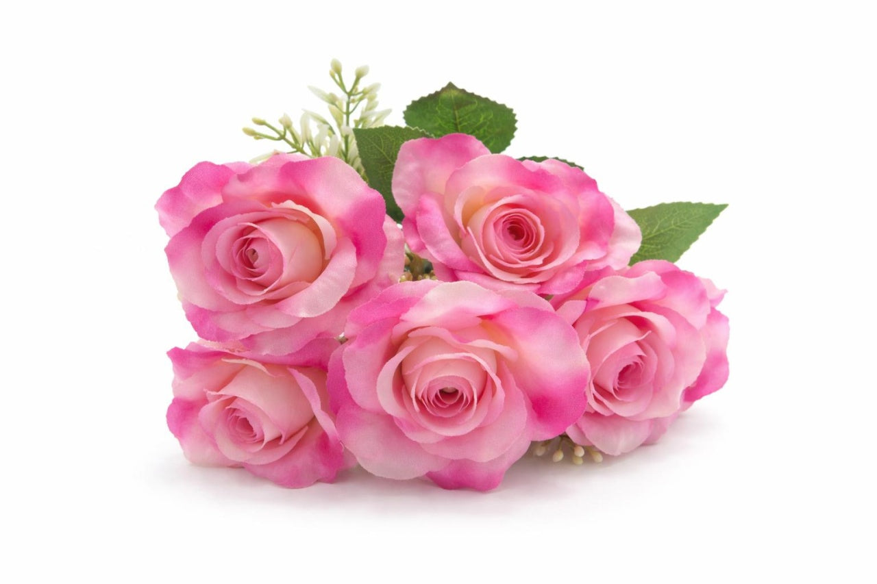Buchet 7 trandafiri artificiali crem cu lila, frunze si boboci decorativi 30cm