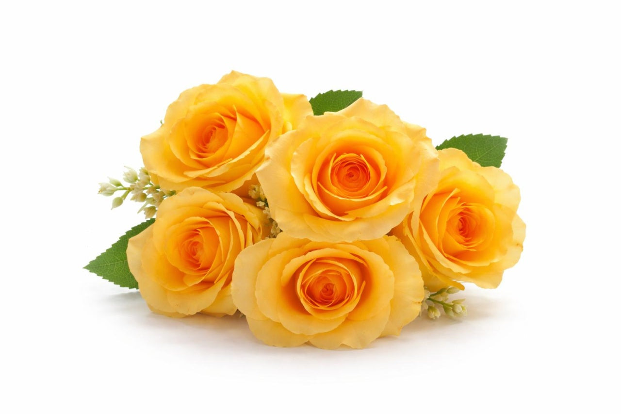 Buchet 7 trandafiri artificiali galben intens, frunze si boboci decorativi 30cm