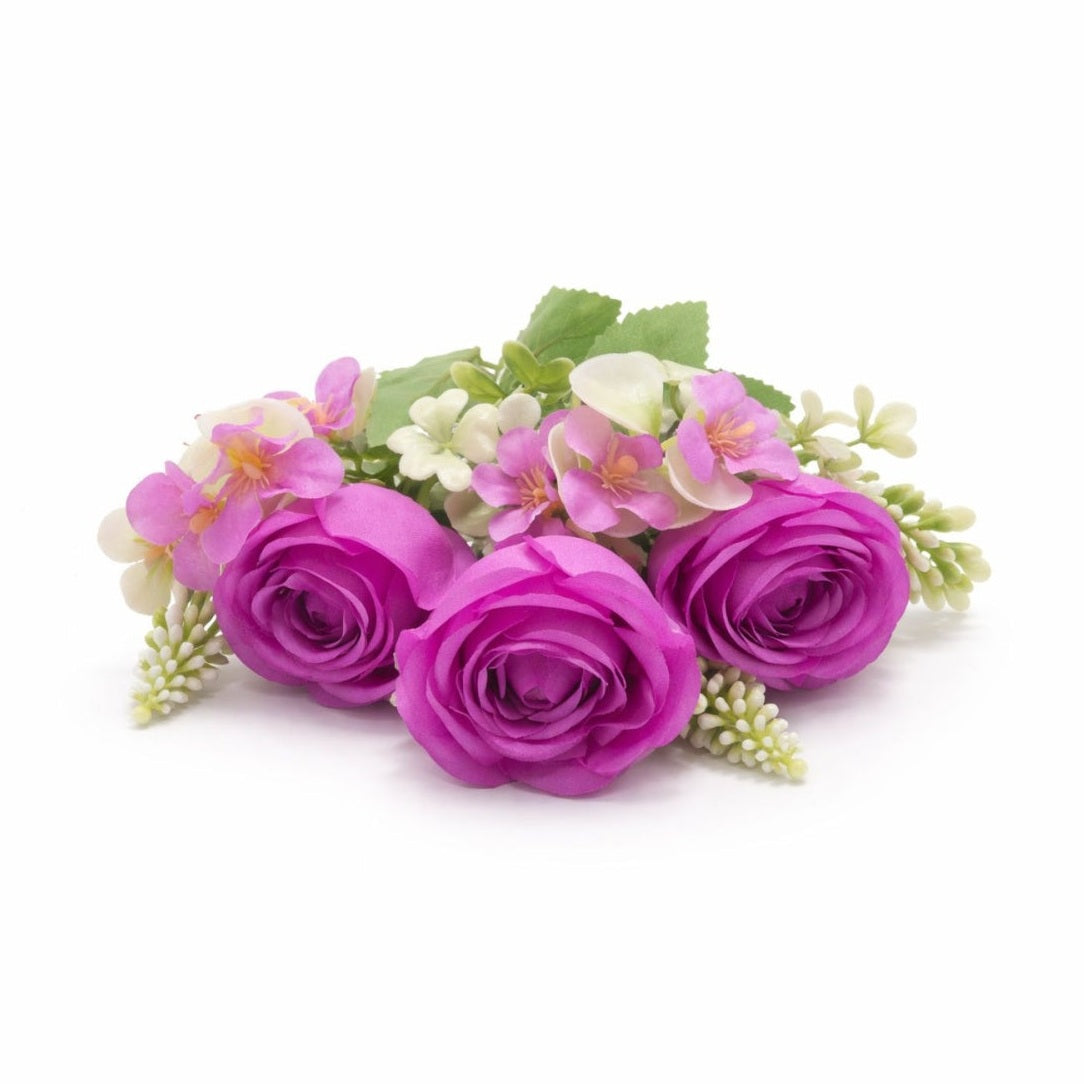 Buchet artificial 4 trandafiri mov cu flori albe decorative