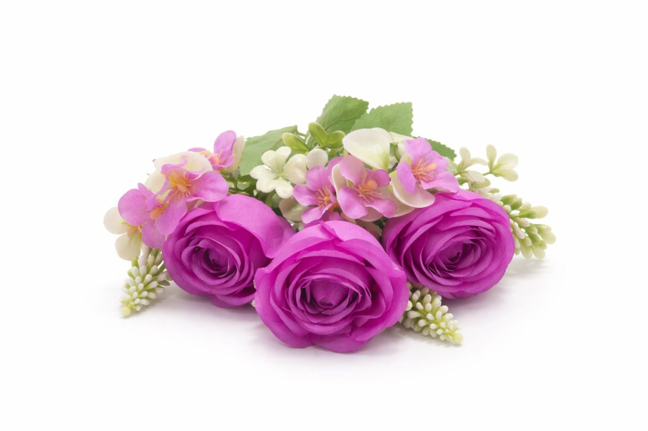 Buchet artificial 4 trandafiri mov cu flori albe decorative