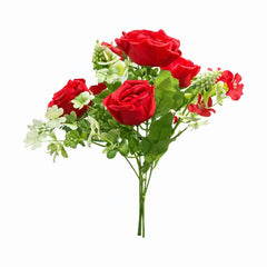 Buchet artificial 4 trandafiri rosii cu flori albe decorative