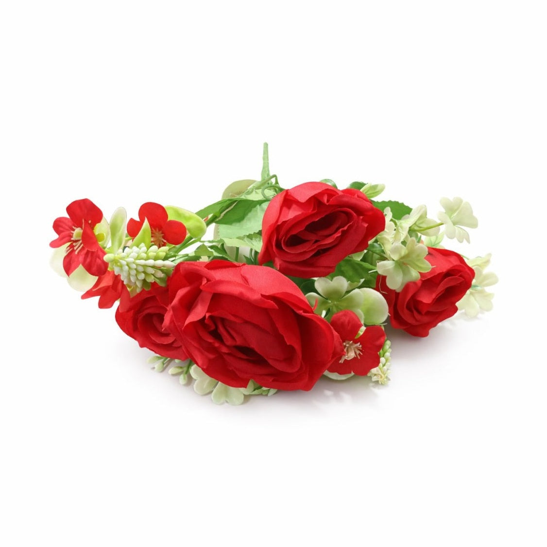 Buchet artificial 4 trandafiri rosii cu flori albe decorative