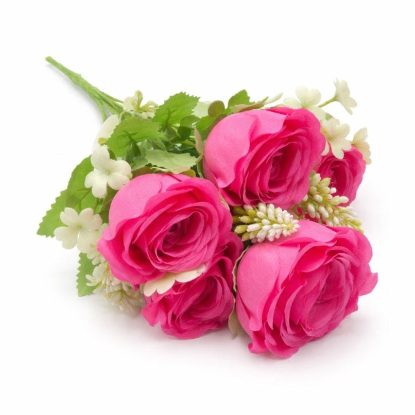 Buchet artificial 4 trandafiri roz cu flori albe decorative
