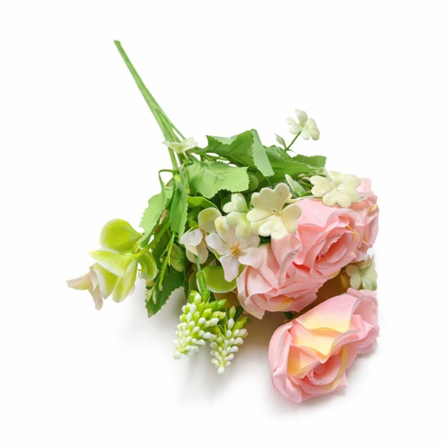 Buchet artificial 4 trandafiri roz pal cu flori albe decorative