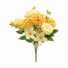 Buchet artificial 6 bujori si 3 flori decorative galben crem, 30 cm