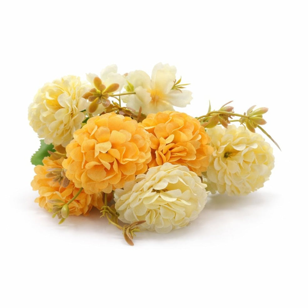 Buchet artificial 6 bujori si 3 flori decorative galben crem, 30 cm