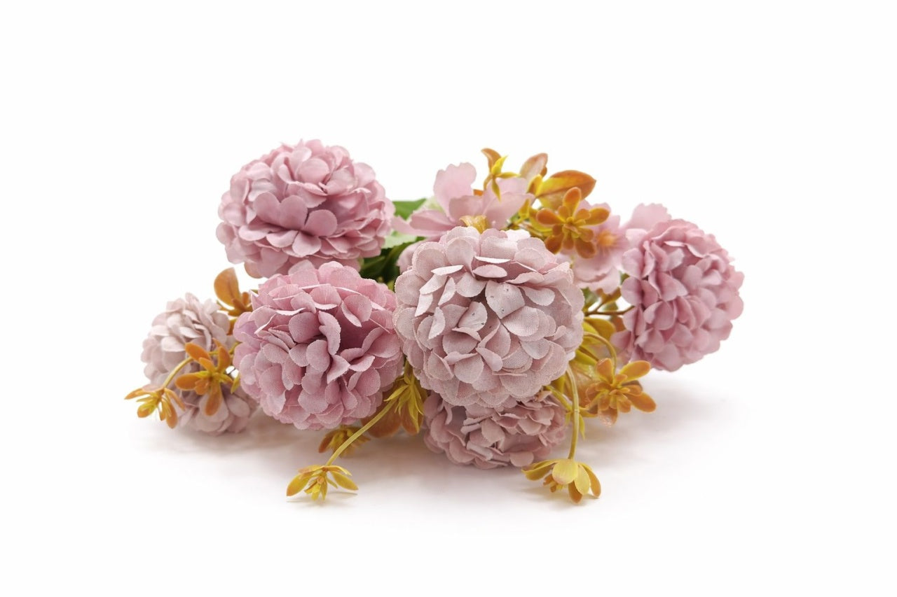 Buchet artificial 6 bujori si 3 flori decorative roz, 30 cm