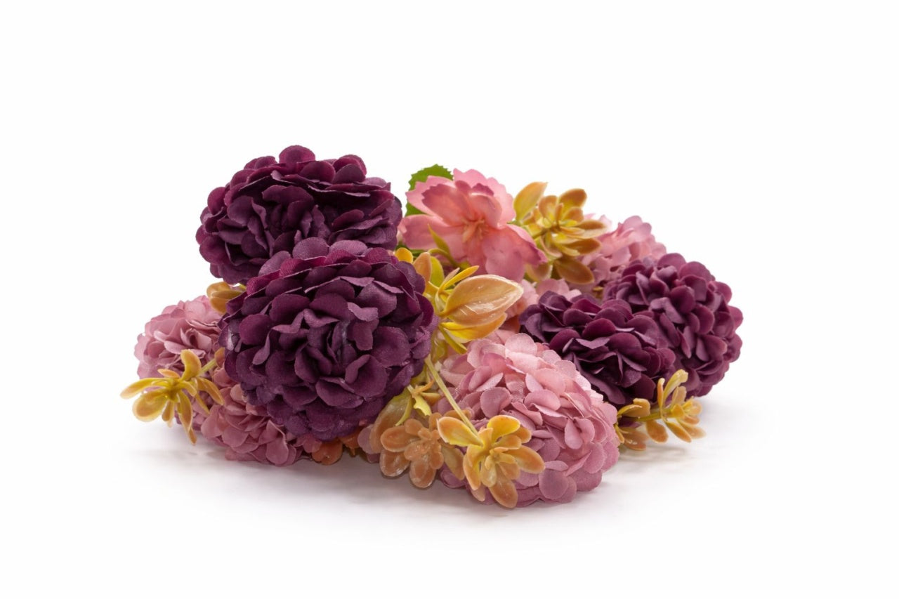 Buchet artificial 6 bujori si 3 flori decorative roz cu visiniu, 30 cm