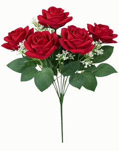 Buchet artificial deosebit cu 7 trandafiri catifelati rosu intens 30 cm