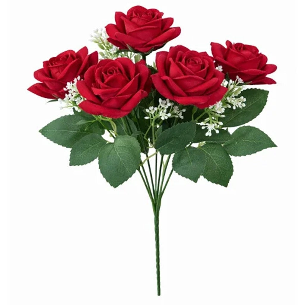 Buchet artificial deosebit cu 7 trandafiri catifelati rosu intens 30 cm