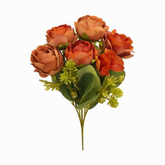 Buchet artificial maro cald cu trandafiri si camelie pe fir gros 30 cm