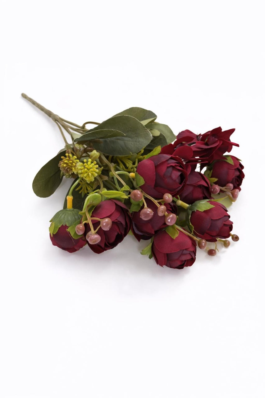 Buchet artificial visiniu elegant cu trandafiri si camelie pe fir unic 30 cm