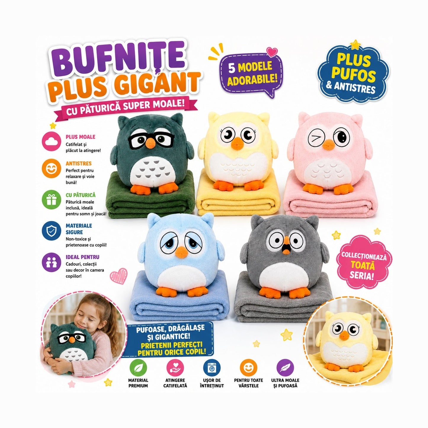 Bufnita de Plus cu Paturica, 30cm, Jucarie Pufoasa si Moale, Model Aleatoriu pentru Copii