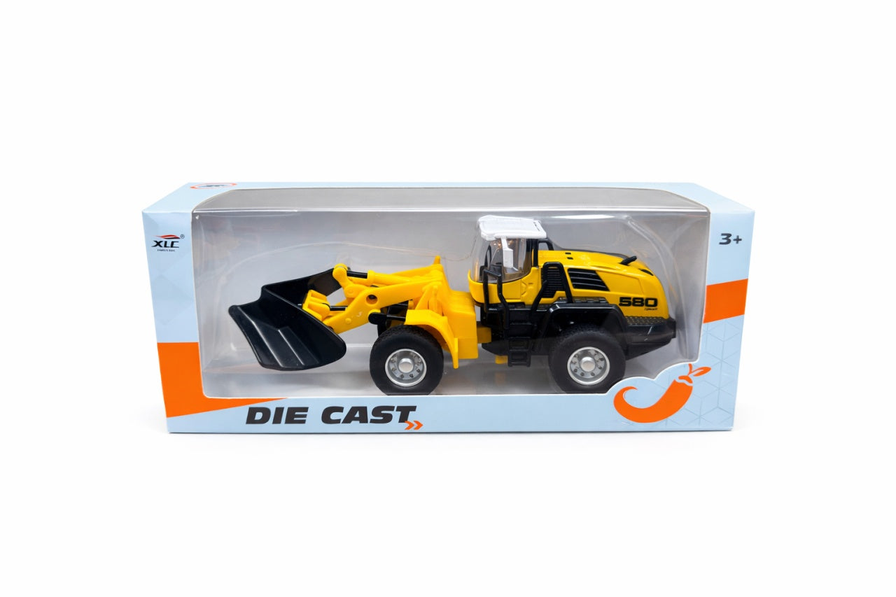 Buldozer metalic , die-cast, galben, cu cupă funcțională, dimensiuni 21x8.5x6 cm