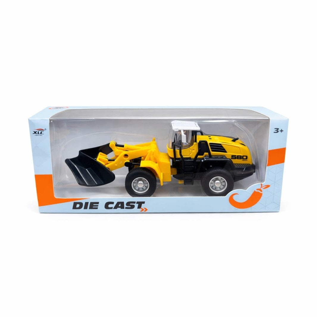 Buldozer metalic , die-cast, galben, cu cupă funcțională, dimensiuni 21x8.5x6 cm