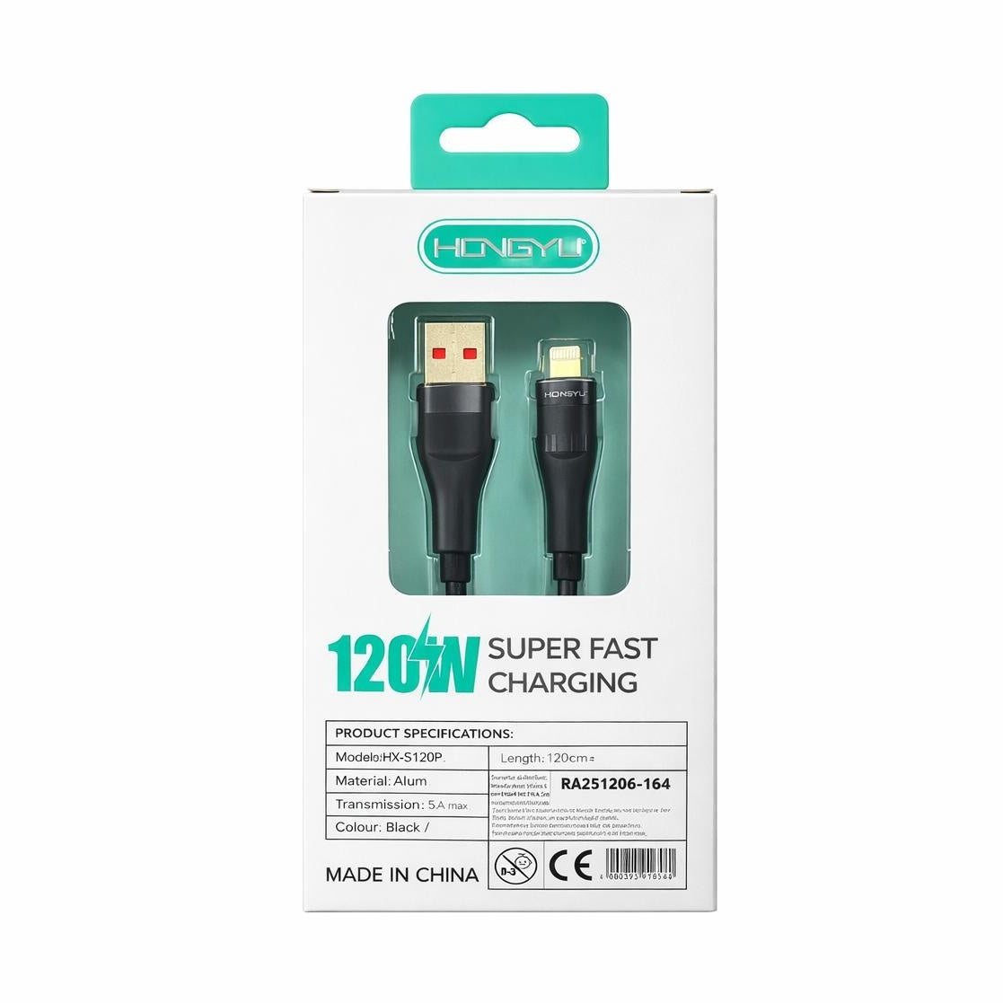 Cablu de încărcare rapidă Hongyu USB – Lightning 120W, 120 cm, LED indicator, pentru iPhone, negru