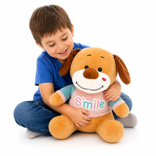Caine de plus 38cm cu pupic si tricou Smile, jucarie moale copii