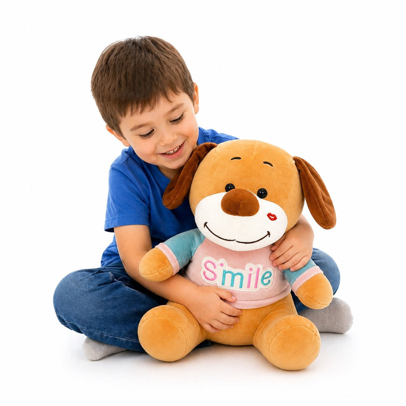 Caine de plus 38cm cu pupic si tricou Smile, jucarie moale copii