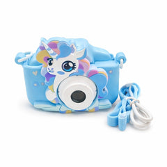 Camera foto copii unicorn albastra, digitala, cu snur si cablu incarcare, 6+ ani