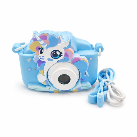 Camera foto copii unicorn albastra, digitala, cu snur si cablu incarcare, 6+ ani