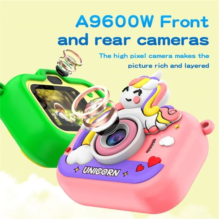 Camera foto copii unicorn roz cu trepied HD video 1080p dual camera