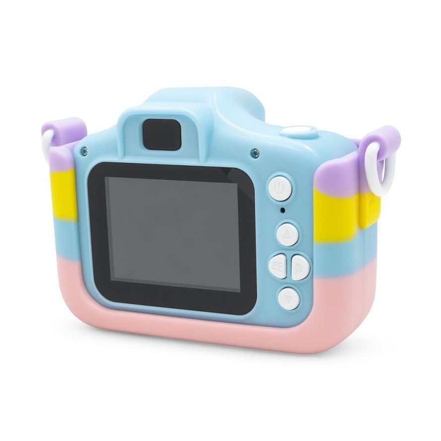 Camera foto digitala pentru copii 4800 MP, 8x zoom, model bleu pisicuta husa curcubeu, 13x12cm