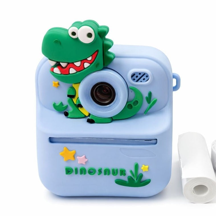 Cameră foto instant pentru copii cu imprimare, model dinozaur, cu hârtie foto, albastru