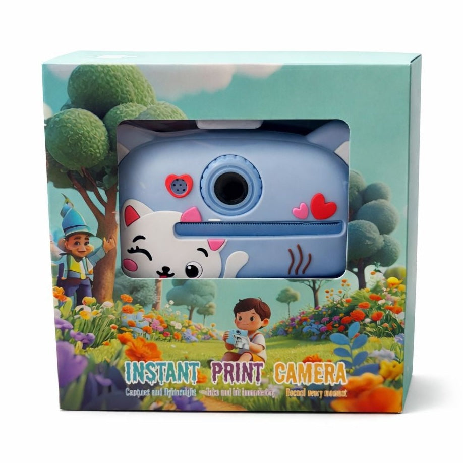 Cameră foto instant pentru copii cu imprimare, model pisică, albastră