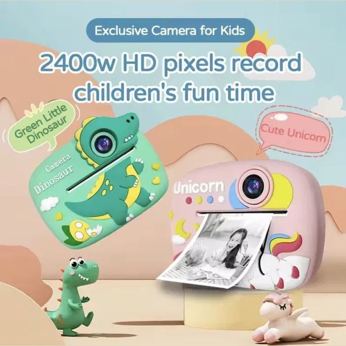 Camera Foto Instant pentru Copii cu Printare, Model Dinozaur Albastru, HD, Rola Hartie Inclusa