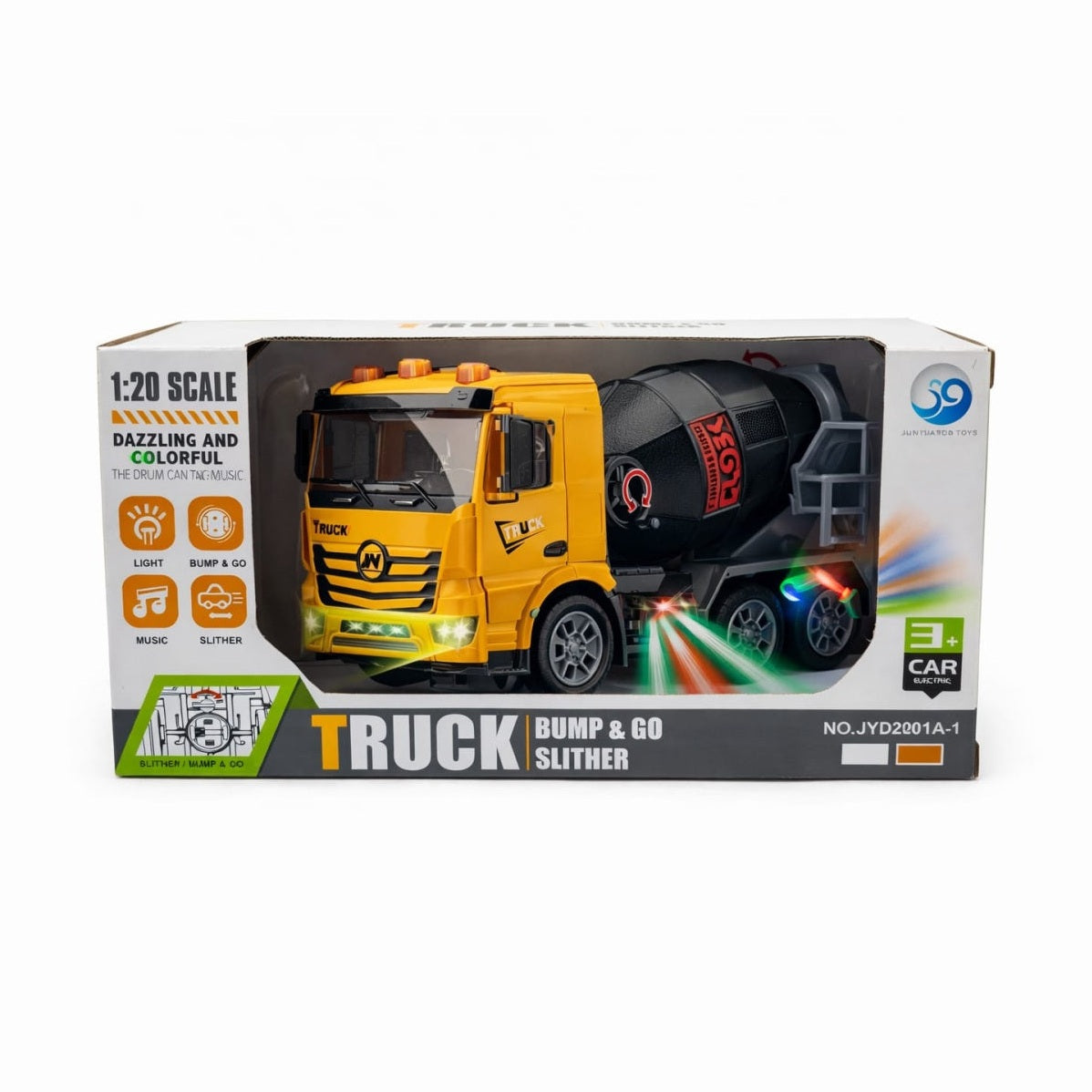 Camion betoniera jucarie cu lumini si sunete, bump & go, 22x12 cm, galben