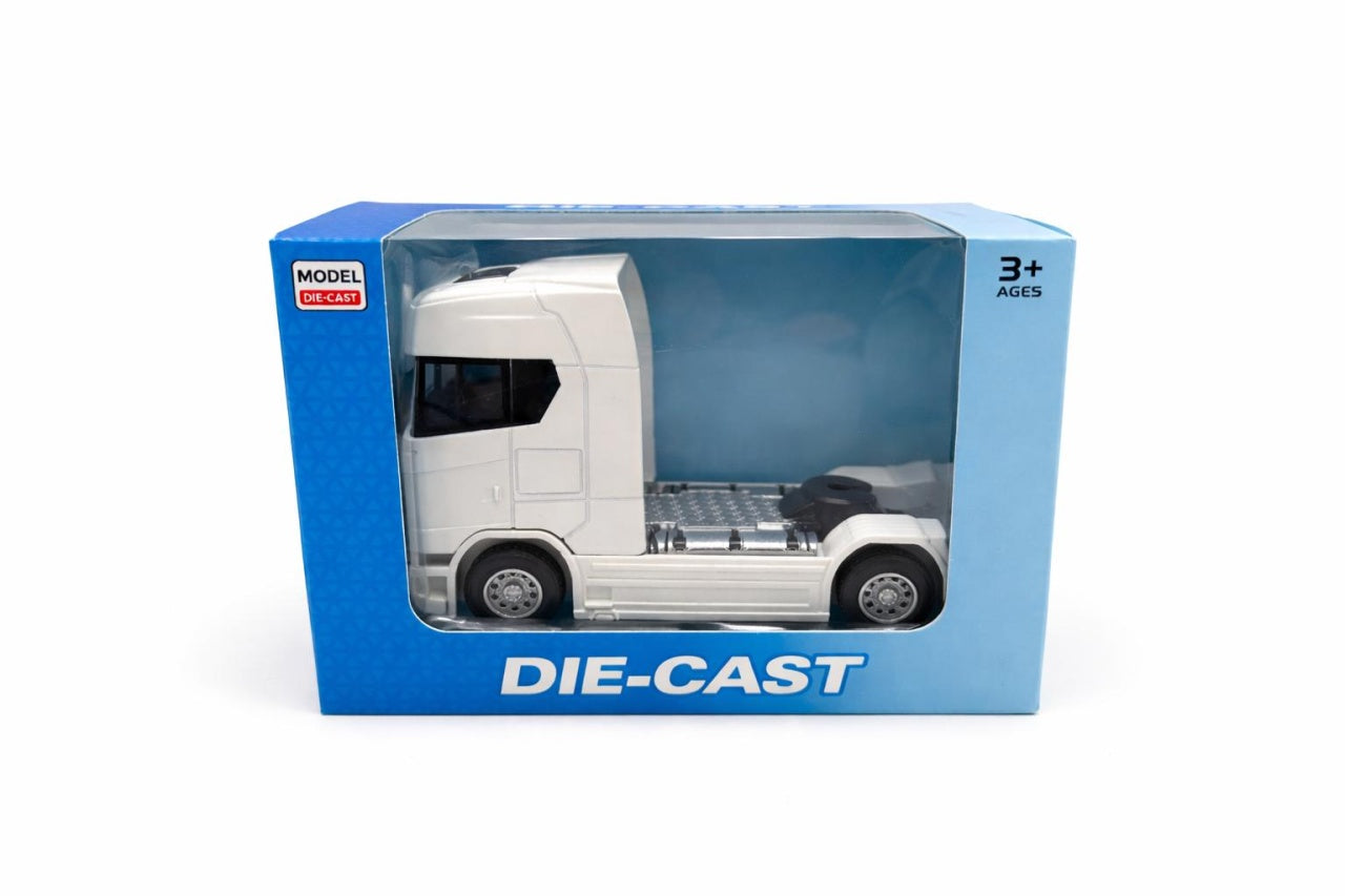 Camion cap tractor metal alb 13.5 cm cabina rabatabila sunete si lumini