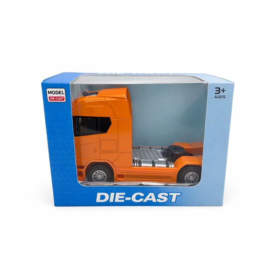 Camion cap tractor metal portocaliu 13.5 cm cabina rabatabila sunete si lumini