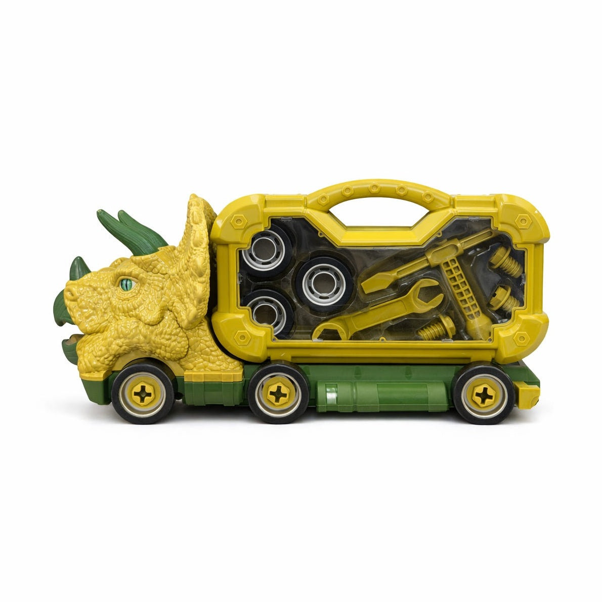 Camion dinozaur demontabil cu scule, jucarie constructie copii, 44x23 cm, model Triceratops