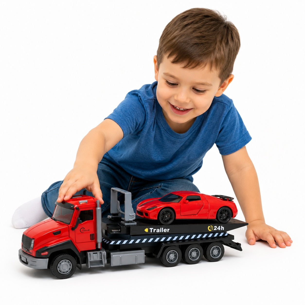 Camion remorcare cu masina sport rosie, model metalic die-cast, functie pull back, 26.5 cm