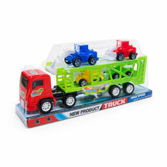 Camion rosu transport masini cu utilaje colorate, jucarie platforma copii 30 cm